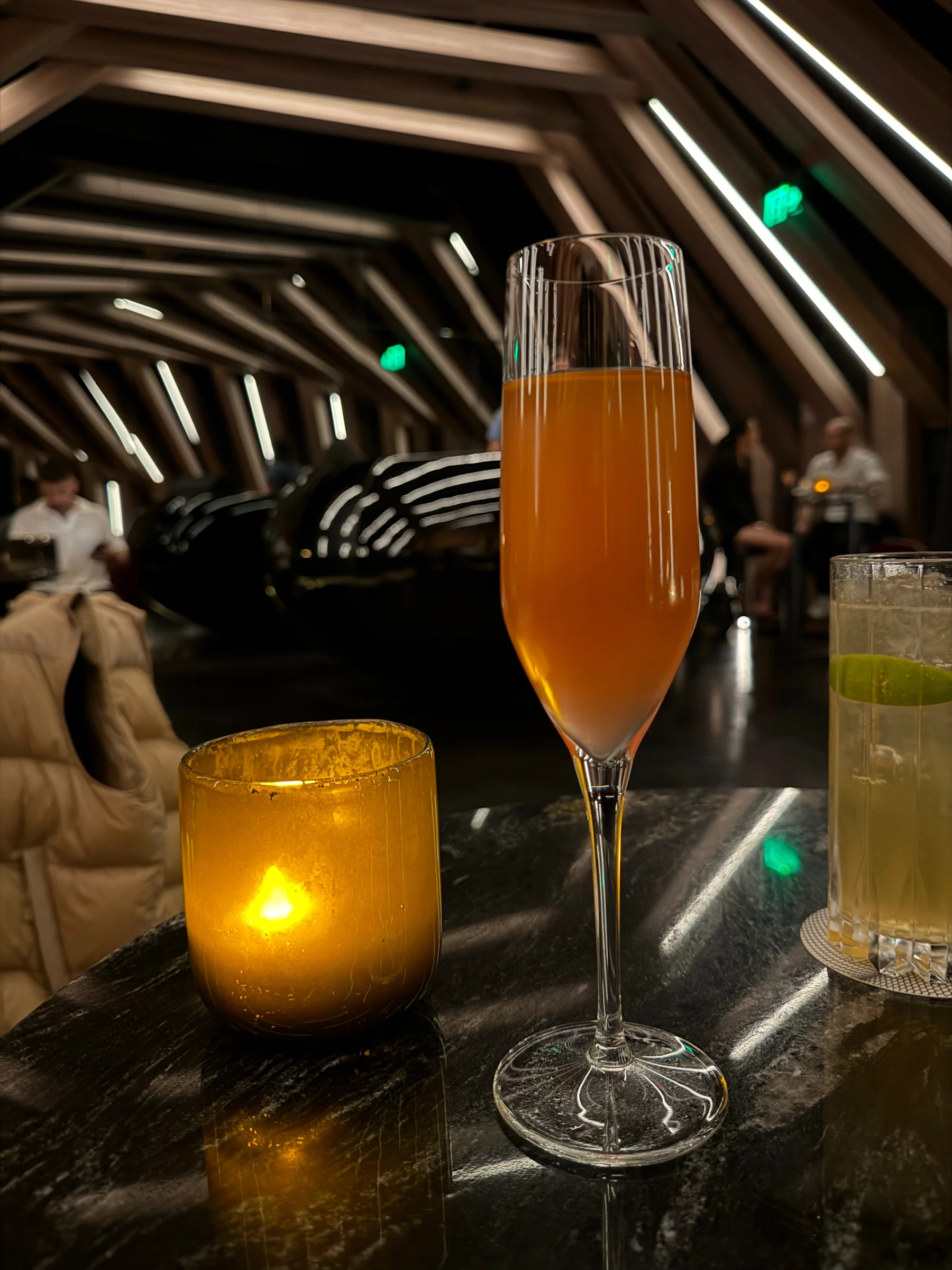 The ceiling at Curious, and a cocktail.
