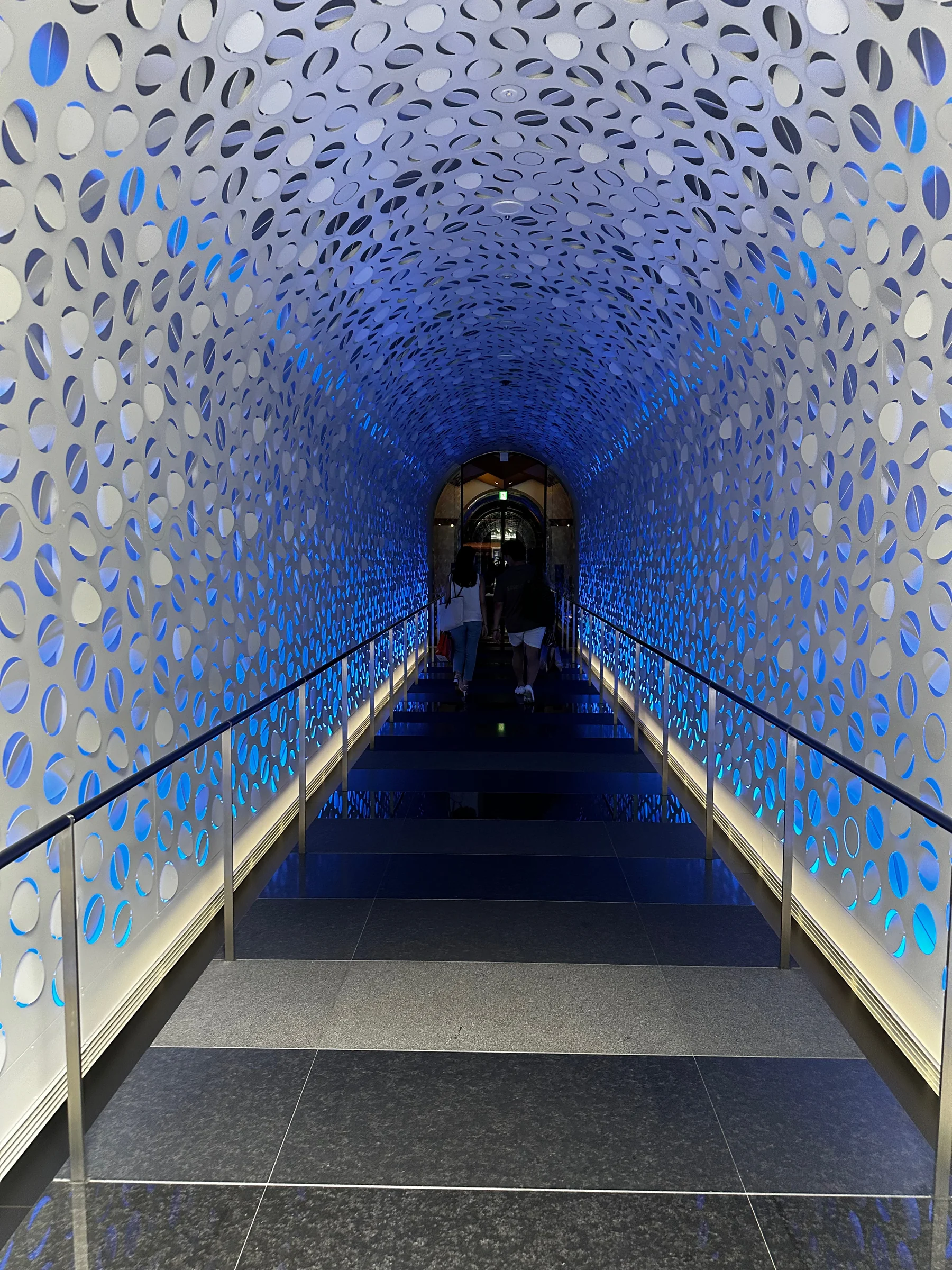 The entrance bathed in blue light. (July 2023)