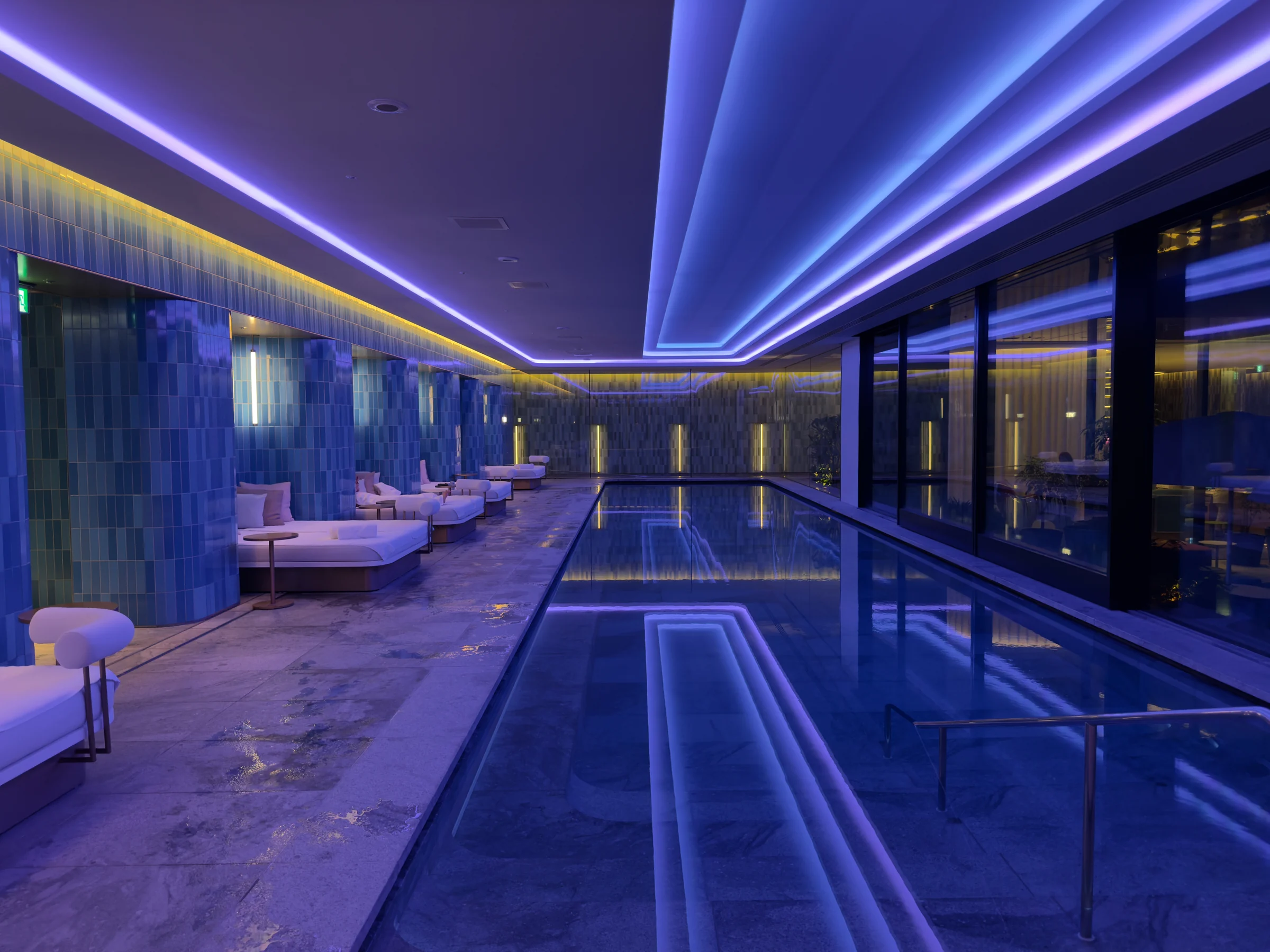 WET's indoor pool bathed in blue light