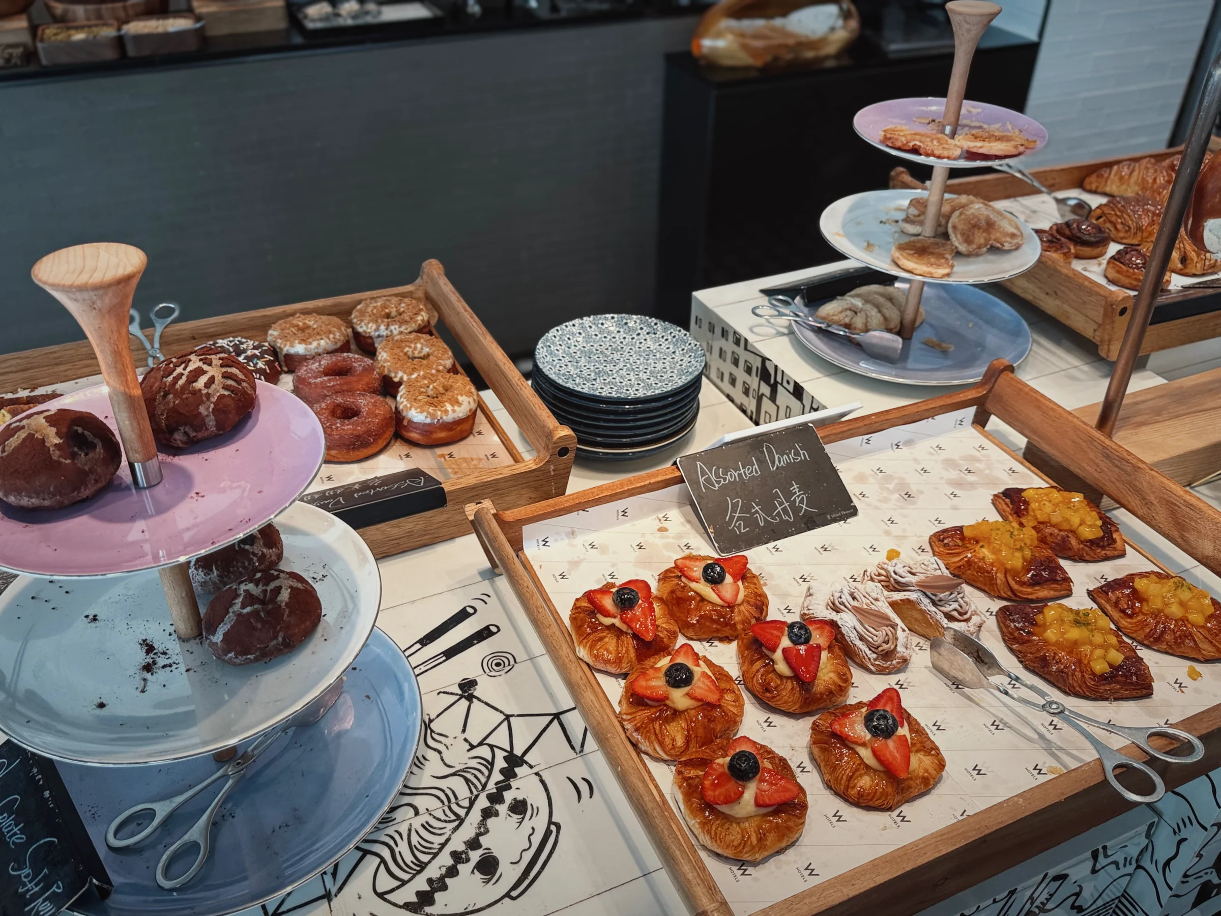 Fruit-topped pastries at breakfast.