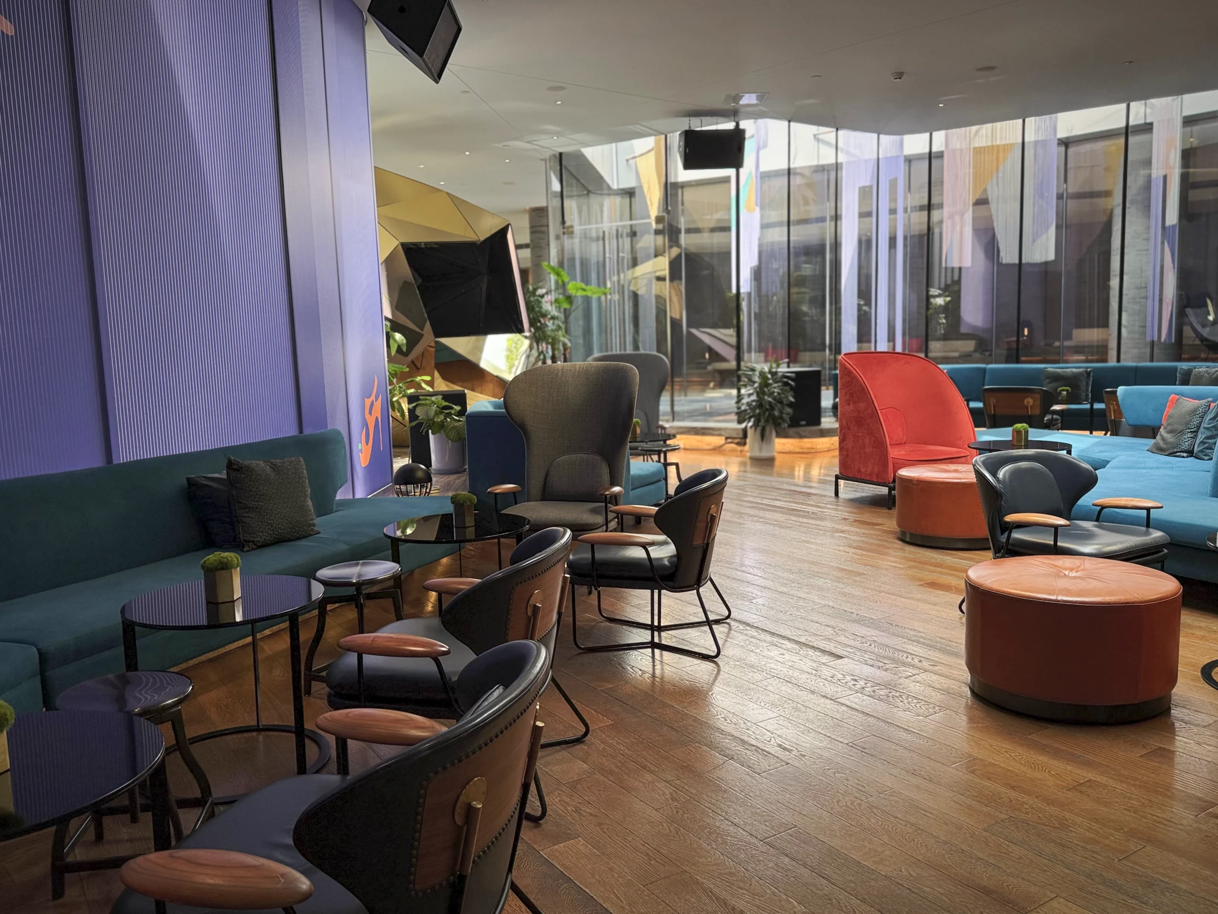 Colourful chairs in the lobby.