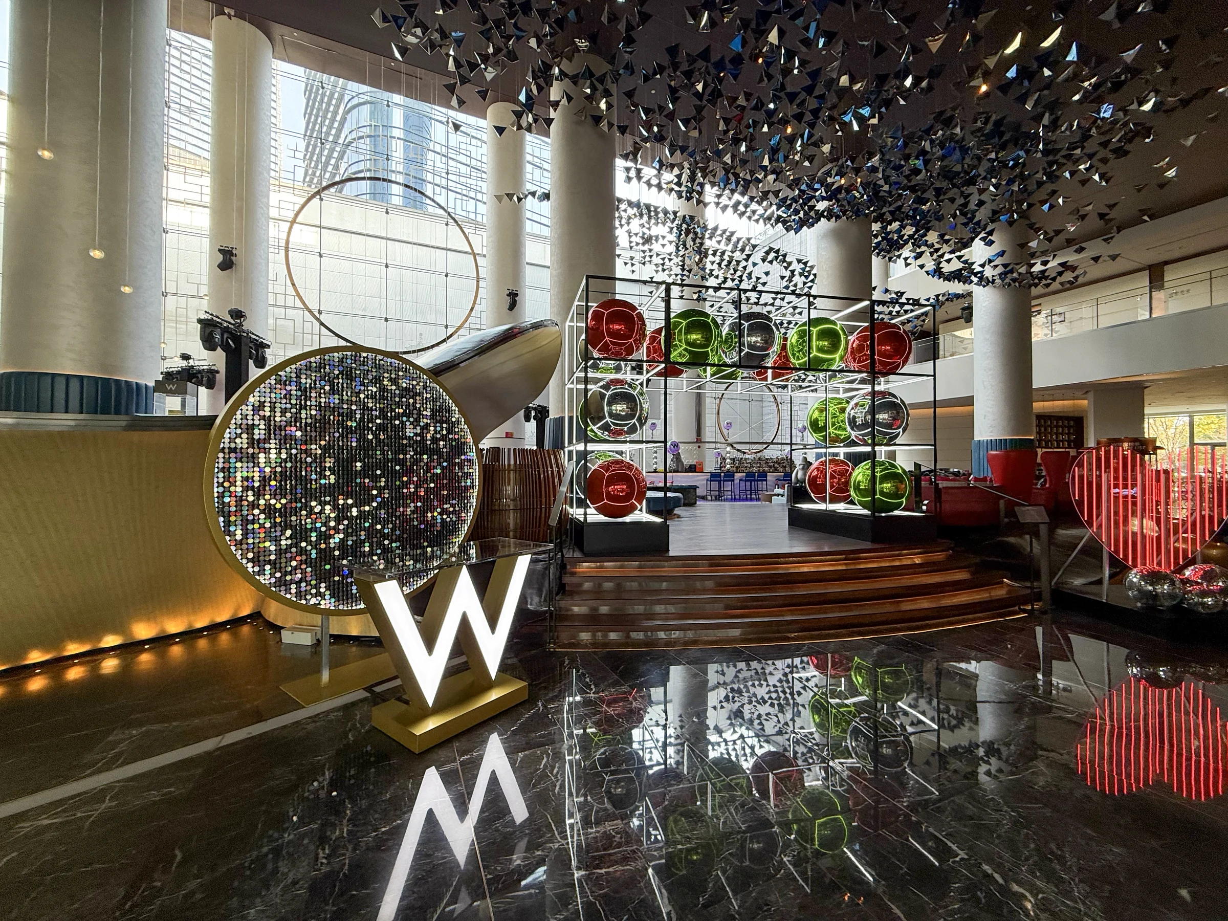 Christmas decorations and a W sculpture.