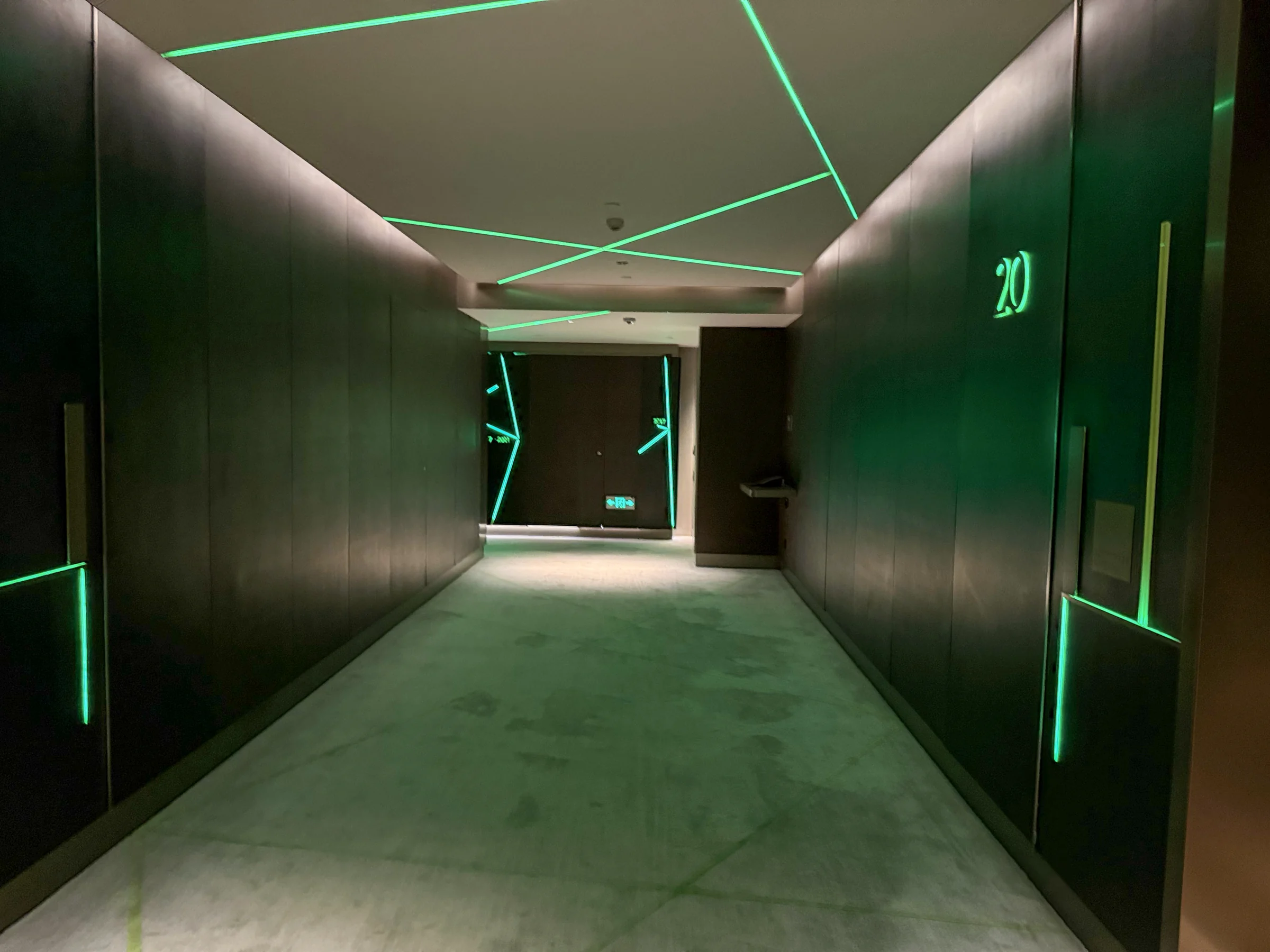 Glowing green lines on the guest floor.
