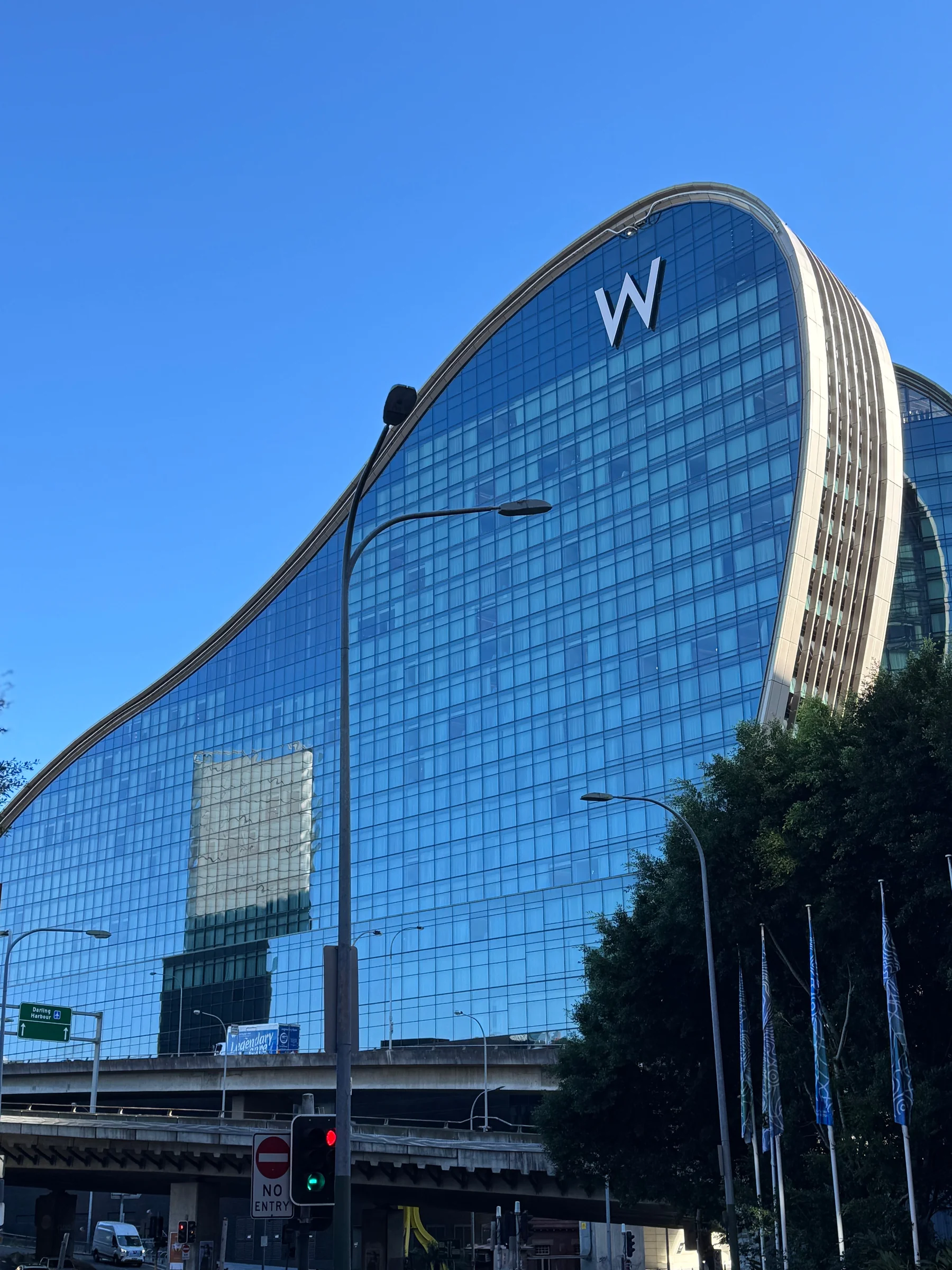 The curved glass exterior.