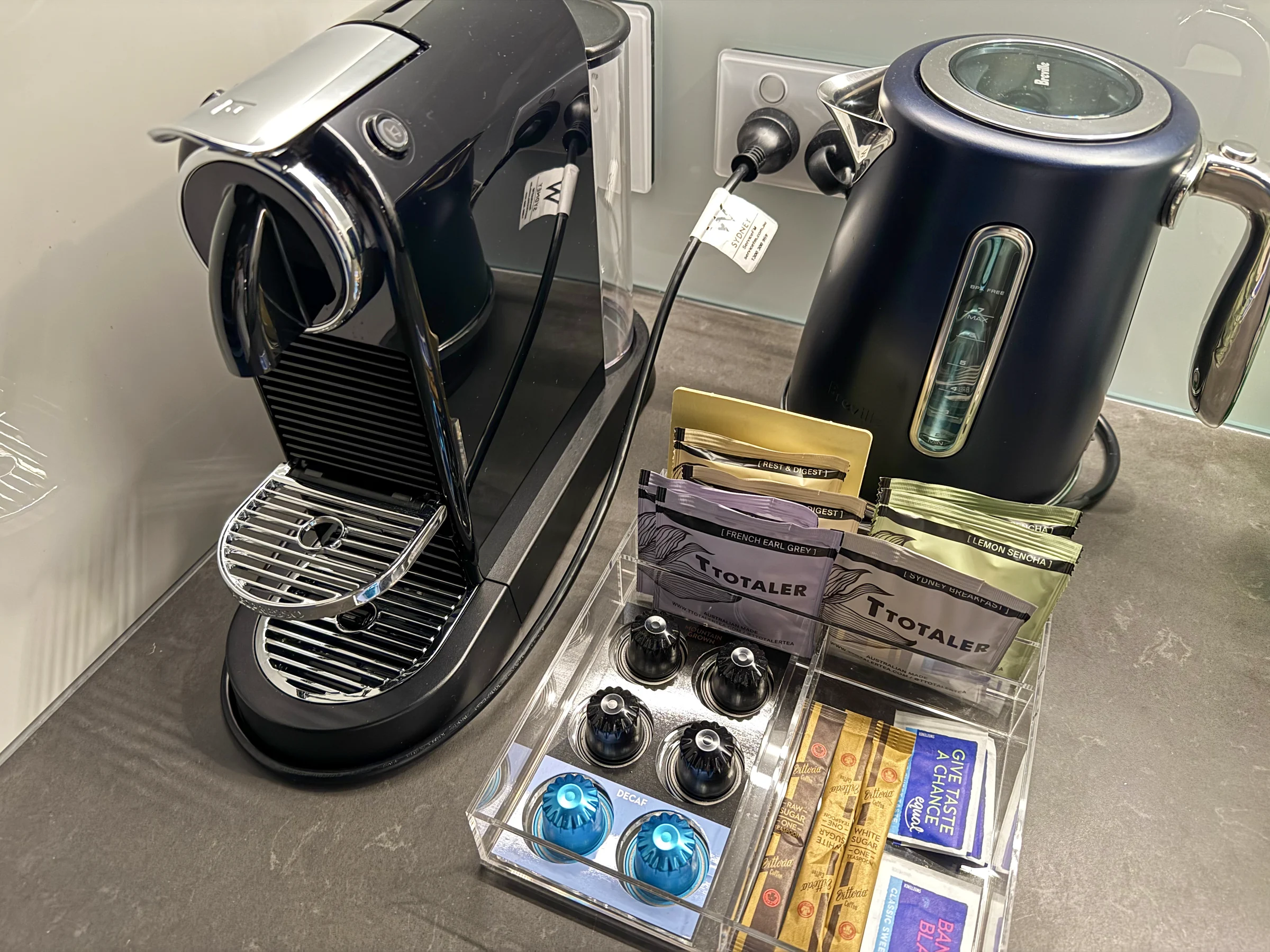 A coffee machine and electric kettle.