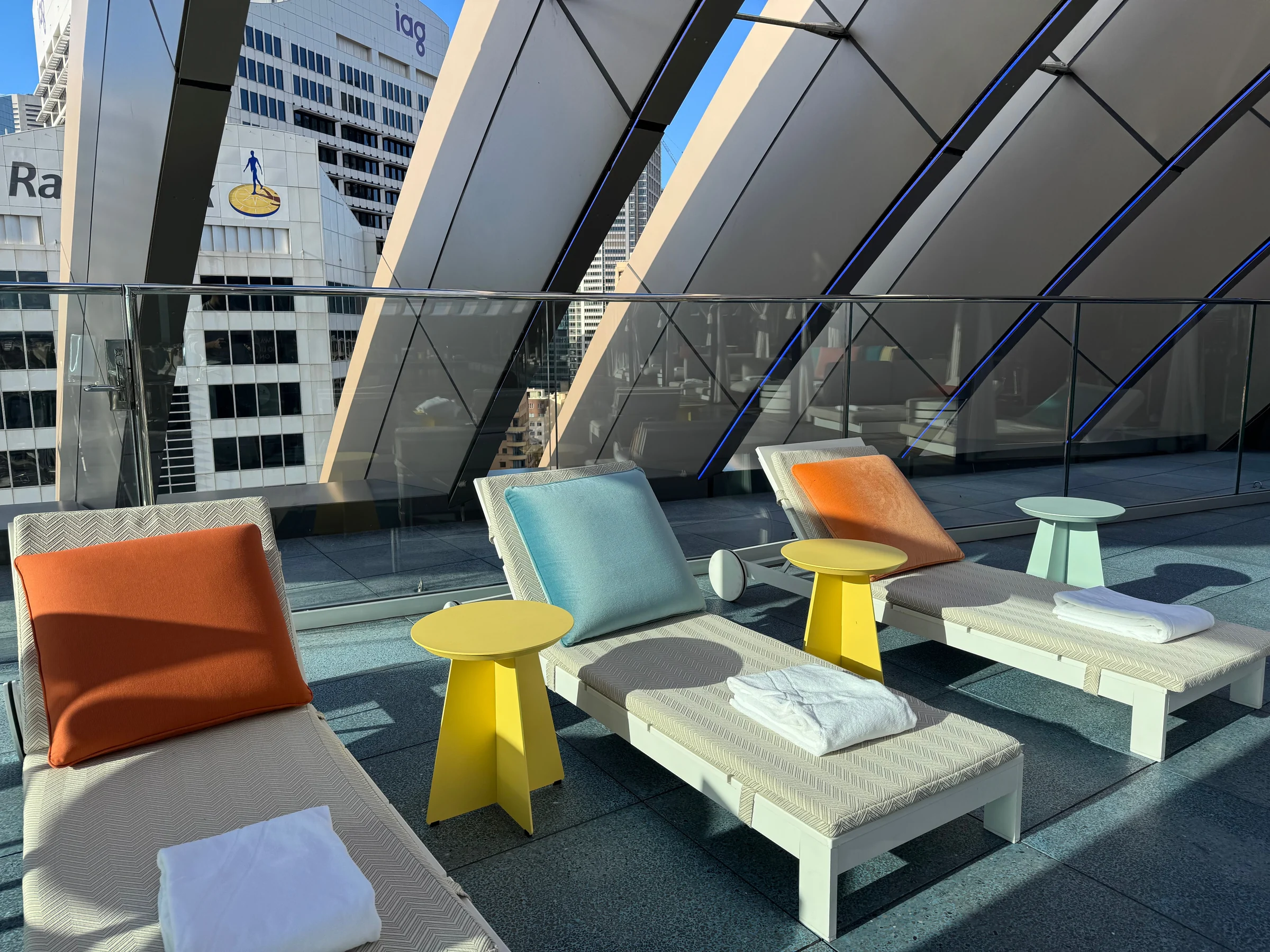 The glass-enclosed poolside.