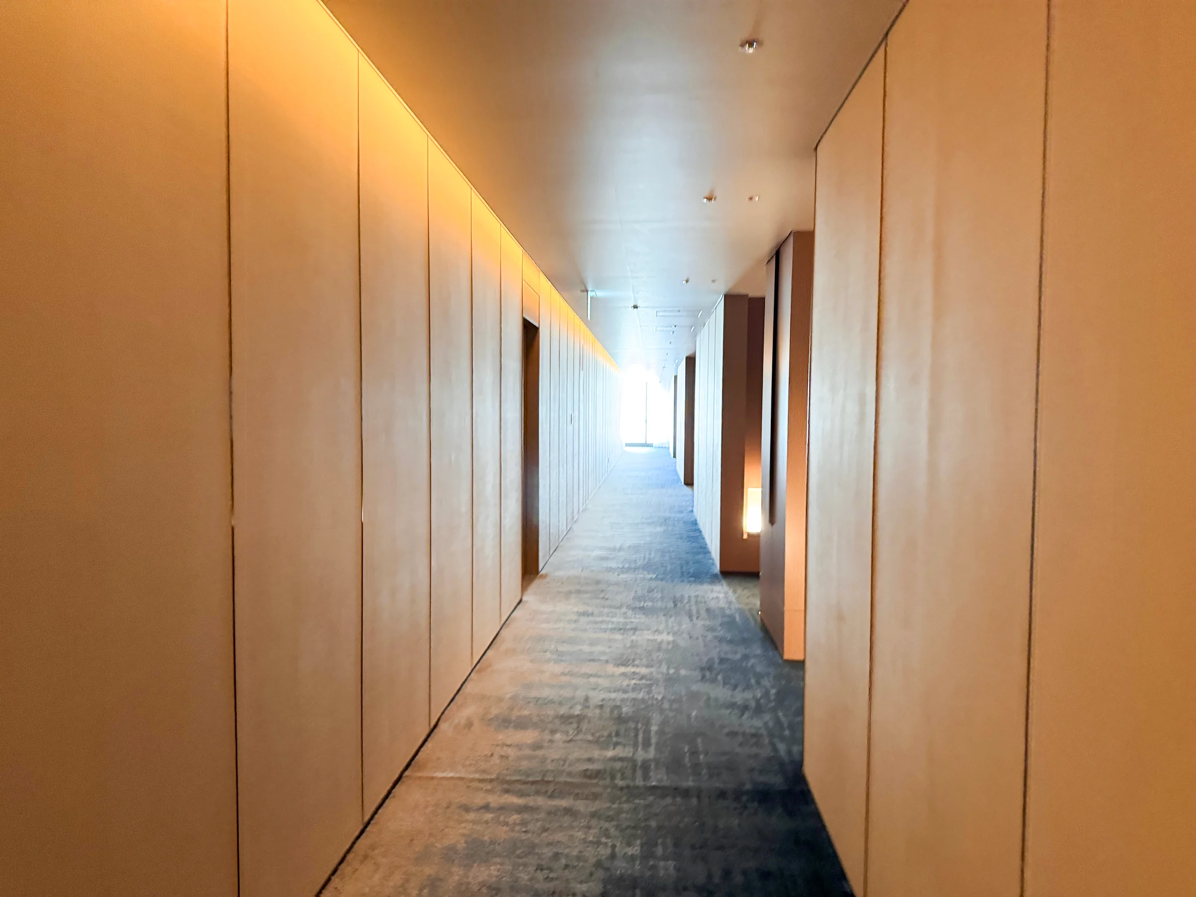 The guest floor corridor with indirect lighting