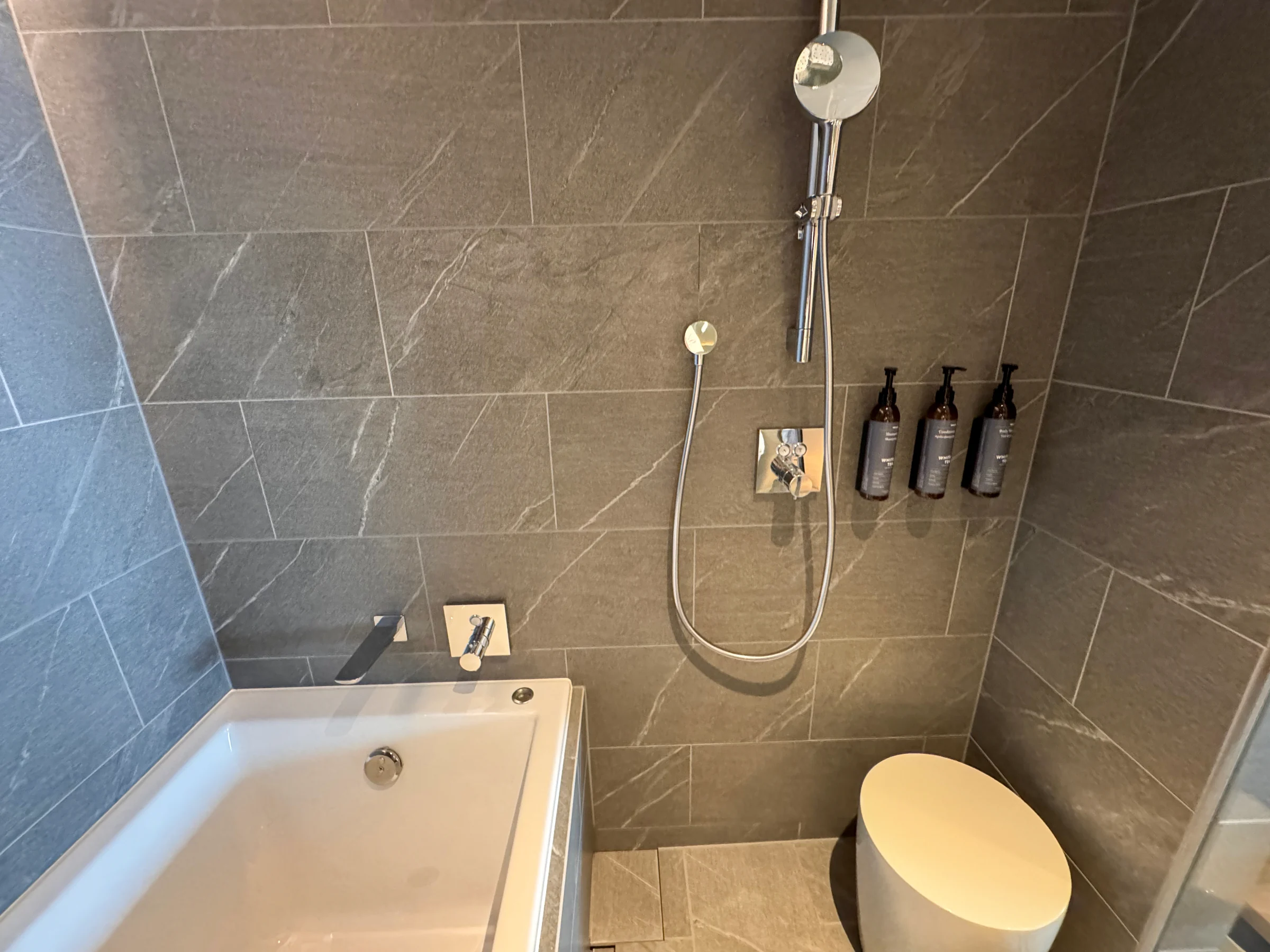 The bathroom with a handheld shower and bathtub
