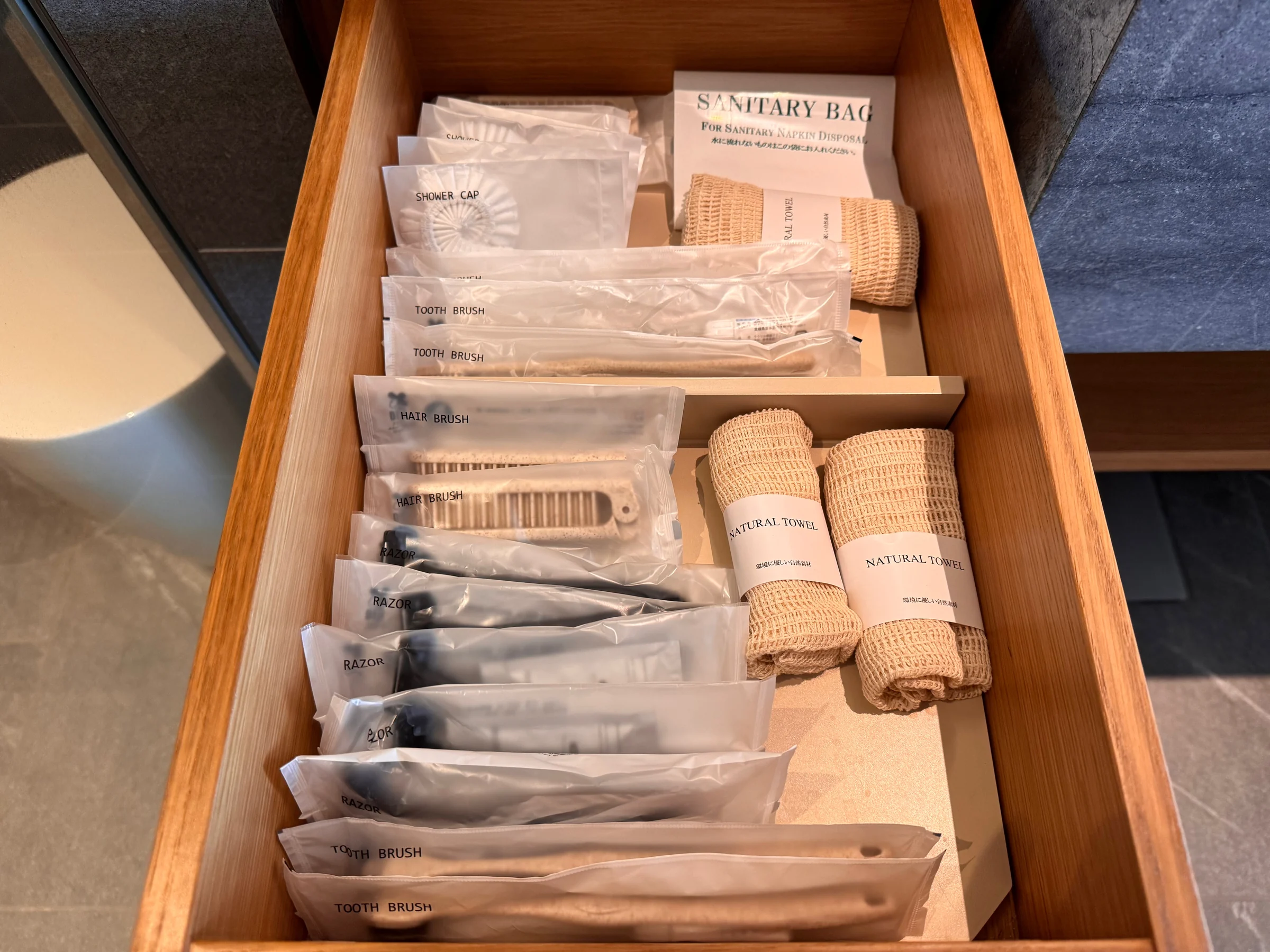 Bath amenities arranged in a drawer